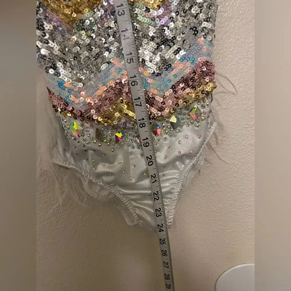 Glamour solo dance costume jazz sassy silver sequin rhinestoned feather SA adult
